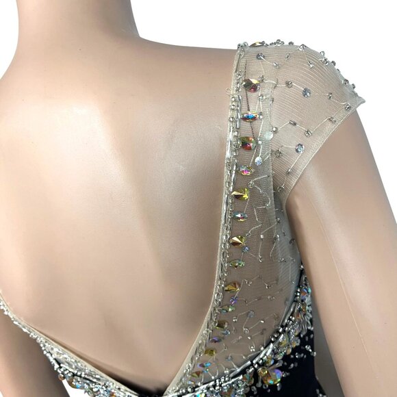 Panoply Black Rhinestone Embellished Mesh Illusion Gown Size 6 W Sheer Neckline - Picture 4 of 13